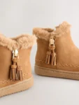 Tan Brown Faux Fur Lined Zip Ankle Boots