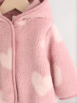 Pink Tonal Heart Printed Borg Baby Jacket