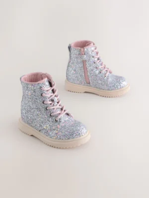 Silver Glitter Standard Fit (F) Lace-Up Ankle Boots