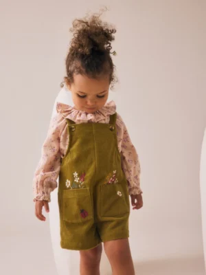 Green Floral Print Corduroy Dungarees Blouse and Tights Set