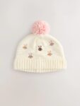 Pink/Cream Embroidered Bunny Character Pom Knitted Hat