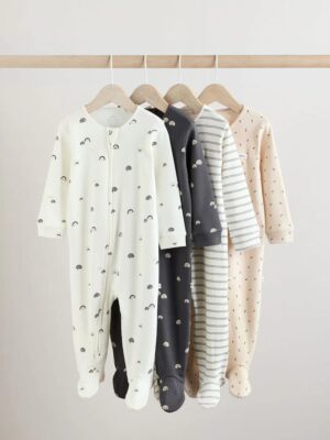 White/Black Two Way Zip Baby Sleepsuits 4 Pack