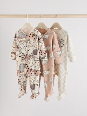 Brown/Cream Baby Two Way Zip Sleepsuits 3 Pack (0-2yrs)