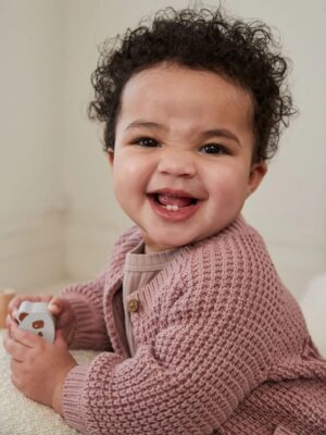 Pink Back Slogan Embroidered Baby Knitted Cardigan