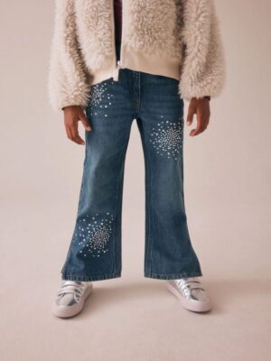 Mid Blue Denim Heat Seal Embellished Flare Jeans