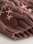 Brown Floral Embroidered Pom Baby Beanie Hat