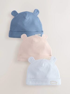Blue 100% Cotton Slogan Baby Beanie Hats 3 Pack