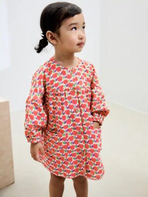 Red Flower Button Up Long Sleeve Dress