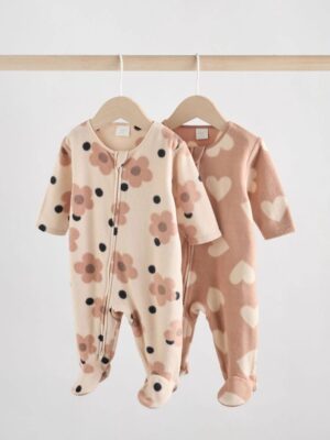 Neutral 2 Pack Micro Fleece Two Way Zip Baby Sleepsuits