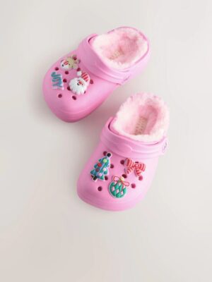 Pink Christmas Faux Fur Lined Clog Slippers