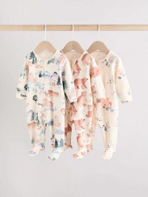 Brown/Orange Baby Two Way Zip Sleepsuits 3 Pack