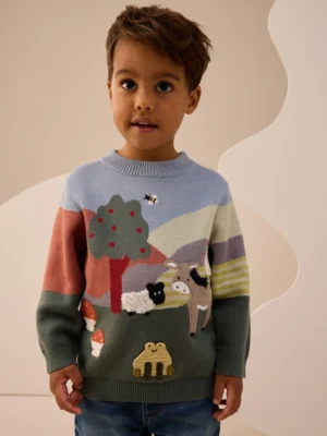Green/Blue Farm Scene Knitted Jumper