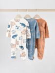 Brown/Blue Baby Sleepsuits 3 Pack