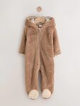 Brown Hamish Hooded Baby Fleece Pramsuit