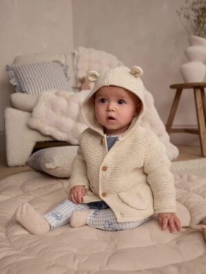 Ecru Neppy Knitted Hooded Baby Cardigan