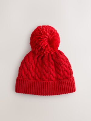 Red Bright Knitted Cable Pom Beanie