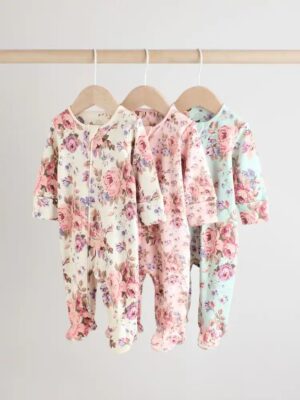 Pink/Green 3 Pack Baby Sleepsuits