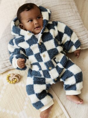 Blue Checkerboard Borg Hooded Baby Pramsuit