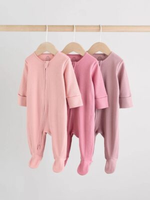 Pink 3 Pack Two Way Zip Baby Sleepsuits