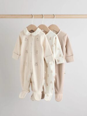 Neutral Embroidered Baby Sleepsuits 3 Pack