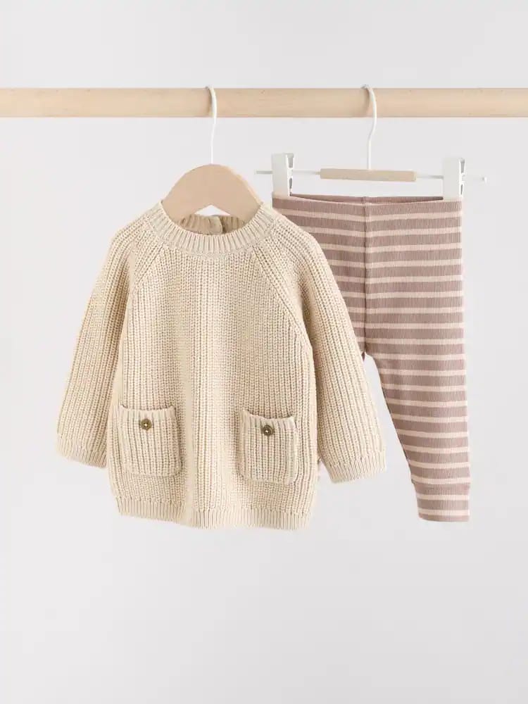 Neutral Stripe Baby Knitted Jumper and Leggings Set