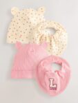 Pink 4 Piece Baby Beanies And Dibble Bibs Set