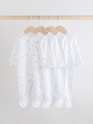 White 4 Pack Popper Baby Sleepsuits