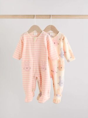 Pink 2 Pack Micro Fleece Two Way Zip Baby Sleepsuits