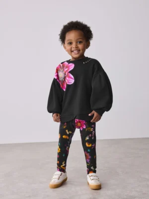 Baker by Ted Baker Flower Print Black Sweatshirt and Leggings Set 2 Piece