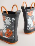 Black/Orange Halloween Handle Pull On Wellies