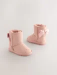 Pink Bow Water Repellent Tall Suede Pull On Boots