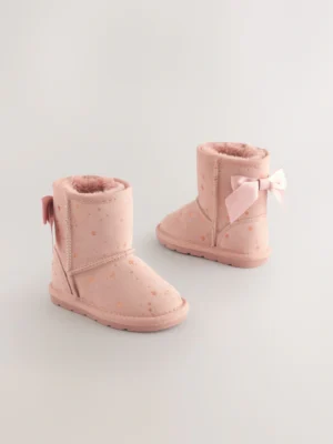 Pink Bow Water Repellent Tall Suede Pull On Boots