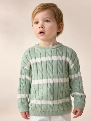 Sage Green Stripe Cable Knit Crew Neck Jumper
