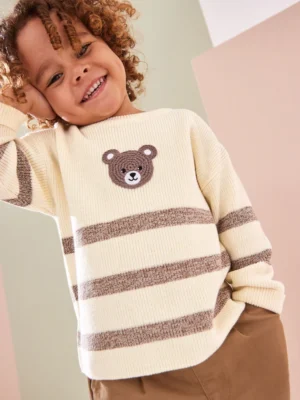 Ecru Cream/Brown Bear Stripe Knitted 100% Cotton Crew Neck Jumper