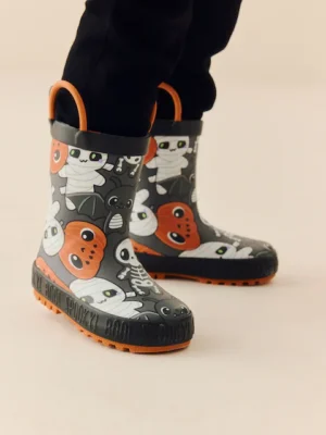 Black/Orange Halloween Handle Pull On Wellies
