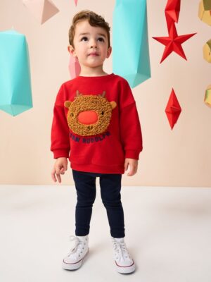 Red Boucle Rudolph Christmas Leggings and Crew Set