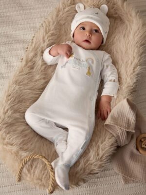 White Born in 2025 Baby Sleepsuit & Hat Set