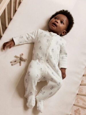 Ecru Fleece Lined Two Way Zip Baby Sleepsuit
