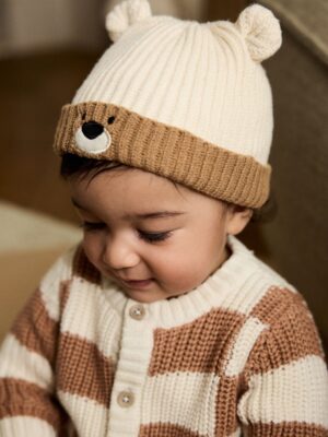 Brown Bear Face Ribbed Baby Beanie Hat