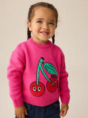 Pink Cherry Embroidered Knitted Jumper