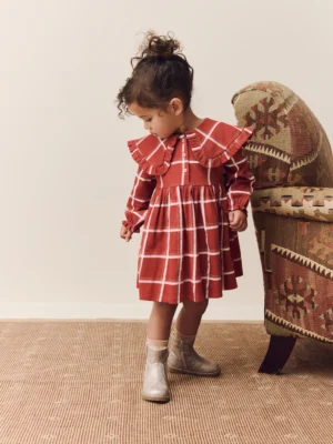 Red Check Long Sleeve Collared Dress