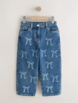 Mid Blue Bow Embellished Barrel Jeans