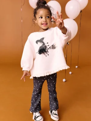 Cream Halloween Witch Frill Hem Sweatshirt & Flare Leggings Set