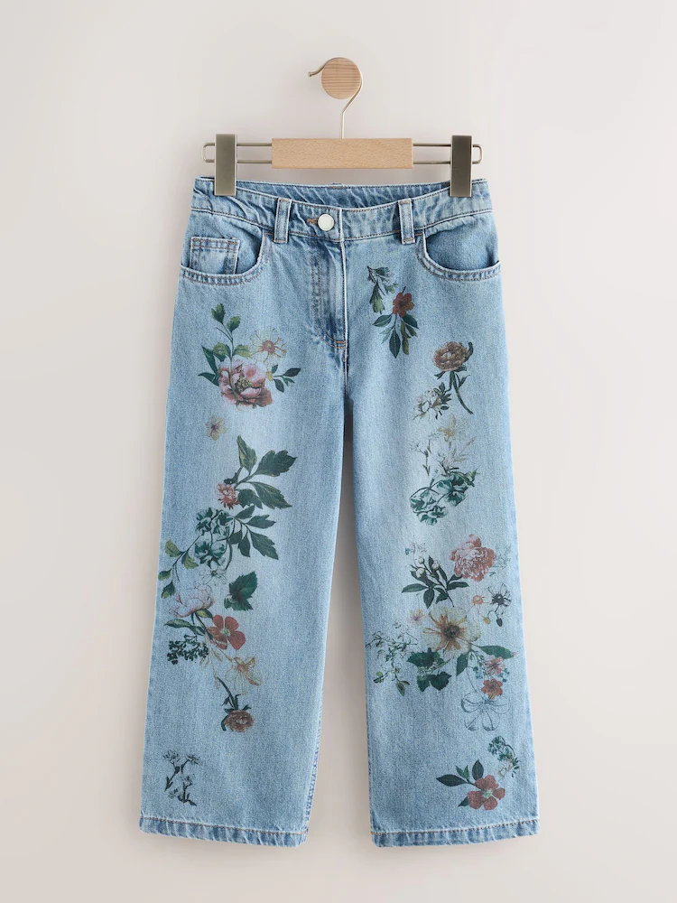 Mid Blue Denim Floral Print Wide Leg Jeans