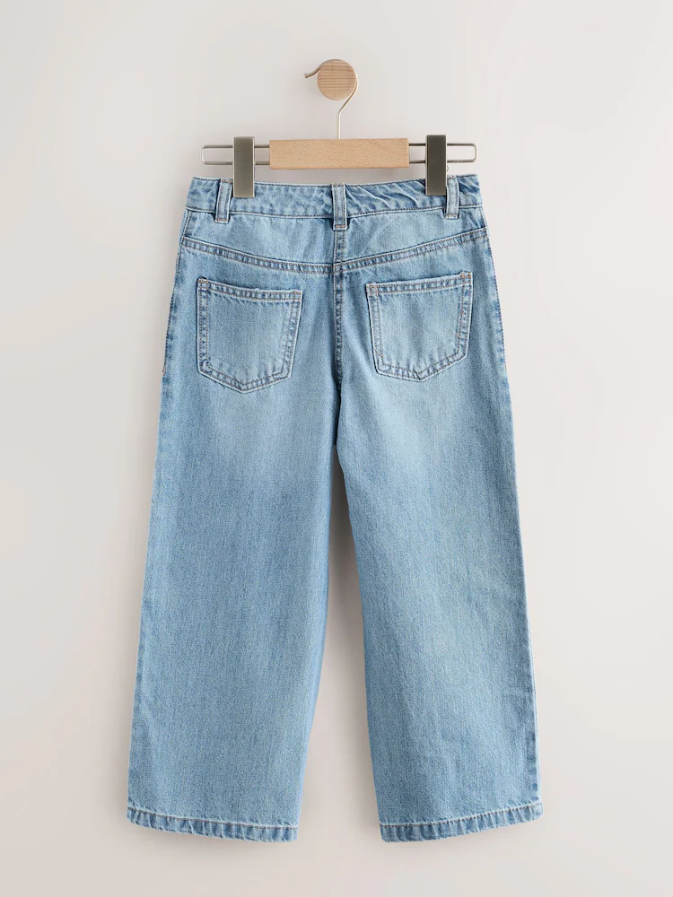 Mid Blue Denim Floral Print Wide Leg Jeans