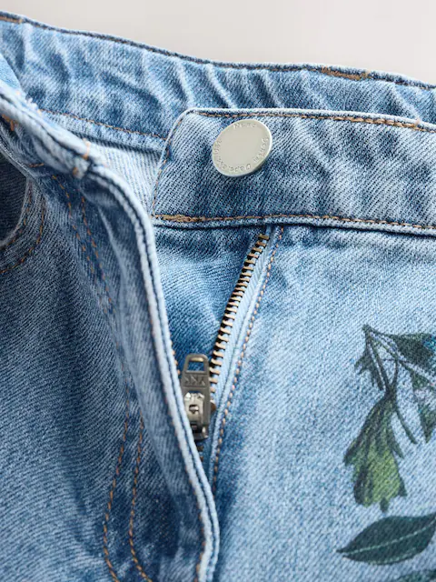 Mid Blue Denim Floral Print Wide Leg Jeans