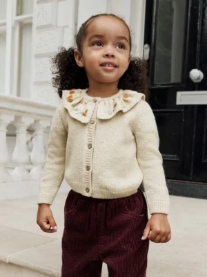 Ecru Floral Print Embellished Collar Cardigan