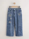 Mid Blue Wide Floral Print Embellished Jeans