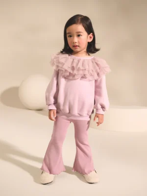 Light Pink Ruffle Collar Sweatshirt & Flare Leggings Set