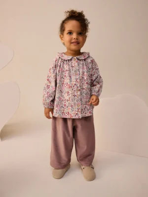 Purple Ditsy Floral Long Sleeve Collar Top and Barrel Trousers Set